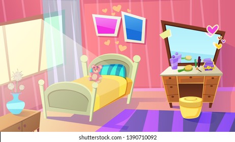 Kids Bedroom Interior. Home Girls Room With Bed, Commode And Mirror In Pink And Purple Colors, Teddy Bear Toy, Sun Light Fall On Floor Through Window. Child Apartment. Cartoon Flat Vector Illustration