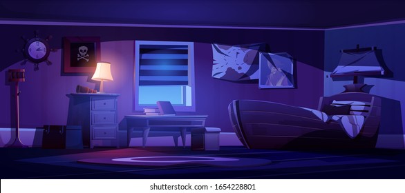 Kids Bedroom Interior In Pirate Thematic At Night. Vector Cartoon Illustration Of Dark Children Room With Ship Bed, Glowing Lamp, Captain Portrait, Steering Wheel Clock And Pirate Flag On Wall