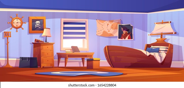 Kids Bedroom Interior In Pirate Thematic With Ship Bed, Captain Portrait And Pirate Flag On Wall. Vector Cartoon Illustration Of Empty Children Room With Spyglass, Steering Wheel Clock And Map