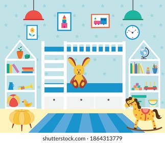 Kids bedroom with many toys and bunk bed. Children room for happy childhood living with white furniture and blue walls, flat cartoon vector illustration