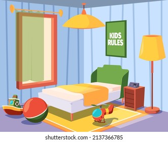 Kids bedroom. Modern soft furniture bed in room corner indoor template suburban style garish vector cartoon interior