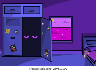 Kids bedroom in night/ Illustration of kids bedroom in night with funny eyes in wardrobe 