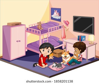 Kids in the bedroom in pink theme scene on white background illustration