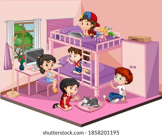 Kids in the bedroom in pink theme scene on white background illustration