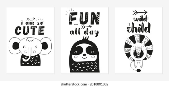 Kids bedroom posters elephant nursery print. Jungle animals elephant, lion, sloth. Black and white kids prints set. Vector illustration.