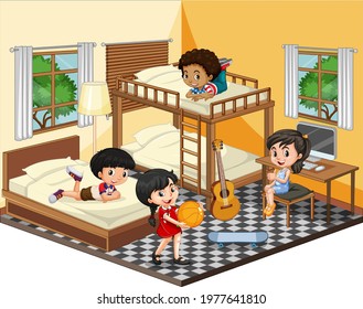 Kids in the bedroom in yellow theme scene on white background illustration