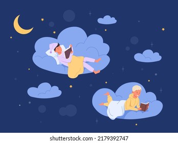 Kids Bedtime Reading. Teens Night Read Book Story, Sleeping Storytelling With Brother In Pajamas, Child Sky Cloud Moon Before Sleep In Bedroom Evening Storytime Vector Illustration Of Bedtime