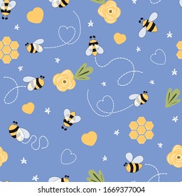 Kids bee seamless pattern in violet background Cute cartoon doodle bees, flowers, honey, hearts lovely vector print