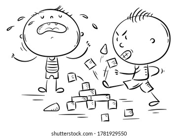 Kids behavior, conflict, one child being naughty and aggressive and another crying