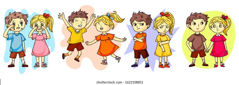 Kids behavior and emotions scene cartoon flat set. Happy and friendly smiling, crying, angry and sad children. Girl and boy offended by each other, holding hands. Best friends. Vector illustration