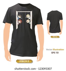 Kids behind door printed on black shirt. Vector design.