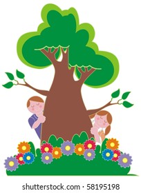 Kids behind a tree playing and getting fresh air
