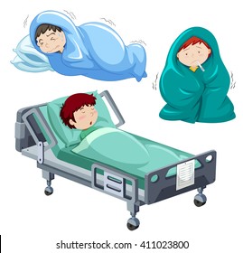 Kids being sick in bed illustration