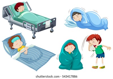 Kids being sick in bed illustration