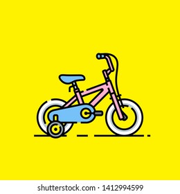 Kids bicycle icon. Girls cute pink bike symbol with safety wheels isolated on yellow background. Vector illustration.