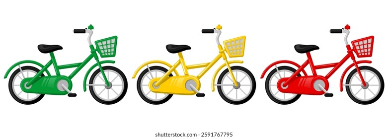 Kids Bicycle Icon, Green, Yellow and Red Small Bike with Basket and Bell, Vector Illustration, EPS File, Isolated on White, Logo, Symbol, Sticker, Template, Mockup, Background