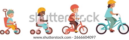 Kids bicycles evolution by age, children riding different types of bikes wearing safety helmets