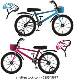 Kids bicycles and helmets, blue and pink. Vector illustration.