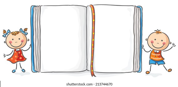 Kids with a big book with copy space