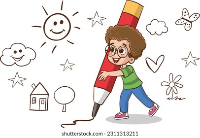 kids big pencil drawing vector illustration