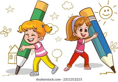 kids big pencil drawing vector illustration