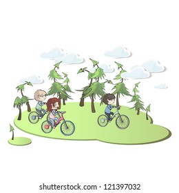 Kids in bike in beautiful landscape. Vector design.