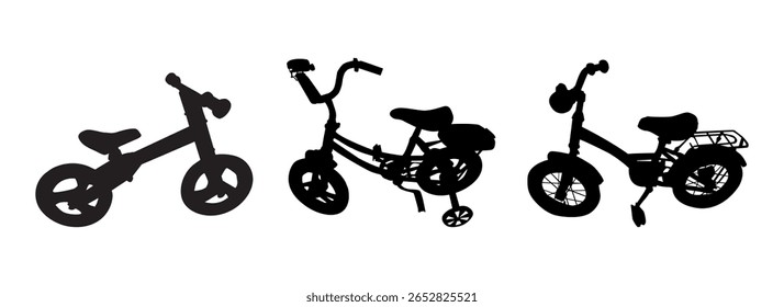 Silhueta de bicicleta infantil conjunto isolado no fundo branco. Bicicleta para crianças.Diversão ao ar livre ativa, lazer, relaxamento e entretenimento e diversão para crianças pré-escolares e crianças.ilustração vetorial Stock