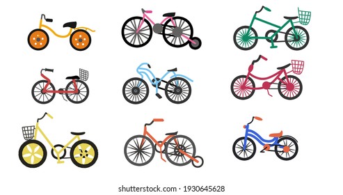 Kids bikes colorful set vector illustration for web