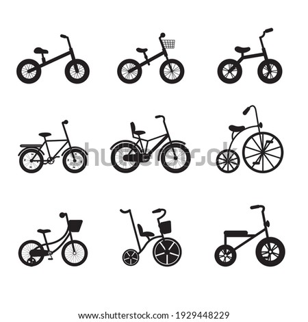 Kids bikes silhouettes from tricycles to teenagers. Black bicycles with different frame types.