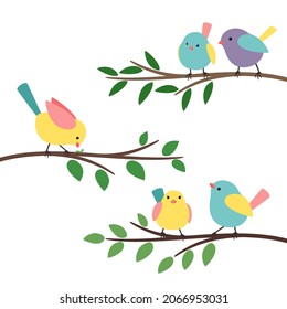 Ramas de aves infantiles. Familia de aves en la rama de los árboles para la imagen de la caricatura del bebé, estaciones de primavera niños birdie ilustración vectorial de los pájaros en blanco