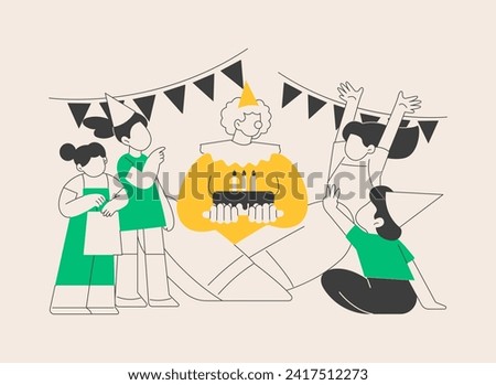 Kids birthday abstract concept vector illustration. Kids birthday party, party ideas, indoor spot, having fun, children celebration, clown on playground, parent rest, confetti abstract metaphor.