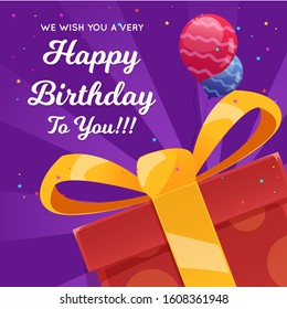 Kids birthday card template. Cute template for a kids birthday party, greeting card, invitation, banner. with lettering, gift box, balloon. vector illustration in 3d style