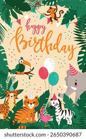Kids birthday card,African animals,safari theme.A fun card with lettering and balloons.Cartoon vector illustration in a flat style