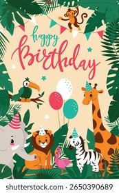 Kids birthday card,African animals,safari theme.A fun card with lettering and balloons.Cartoon vector illustration in a flat style