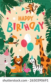 Kids birthday card,African animals,safari theme.A fun card with lettering and balloons.Cartoon vector illustration in a flat style