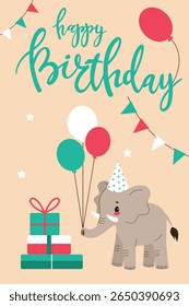 Kids birthday card,African animals,safari theme.A fun card with lettering and balloons.Cartoon vector illustration in a flat style