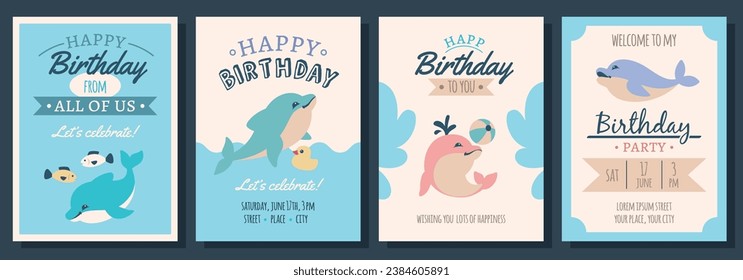 Tarjetas de cumpleaños para niños con delfines lindos. Pancartas de bienvenida invitacionales para vacaciones infantiles, graciosos animales marinos lindos, naturaleza submarina, dibujos animados de peces aislados, conjunto de vectores ordenados