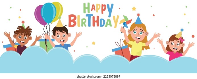 Kids birthday. Cartoon happy children with different shapes balloons in holiday hats and confetti. Celebration party. Festive invitation or greeting card with text vector flat bright flat style poster