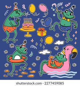 KIDS BIRTHDAY CLIPART Cheerful Amphibians Blowing Out The Candles On The Cake Drinking Cocktail Lying On A Flamingo And Bathing Resting Outdoors Party Cartoon