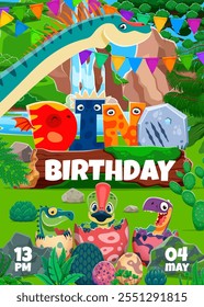 Kids birthday dino party flyer with cartoon funny prehistoric dinosaur character in jungle forest vector background. Cute baby dinos in eggs and dicraeosaurus dinosaur, kids party invitation flyer