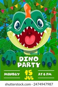 Volante de invitación de fiesta de dino de cumpleaños para niños con lindo divertido dino. Vector de Anuncio vivo con dinosaurio de dibujos animados alegre en medio de un telón de fondo de la selva con banting decorativo. Invitan a una celebración llena de diversión