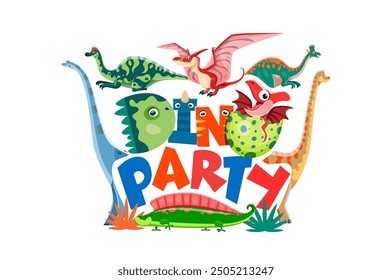 Kids birthday dino party invitation flyer. Vector vibrant and playful invite for dino-themed event with cartoon adult and baby dinosaur reptiles hatching from the eggs with colorful and fun typography