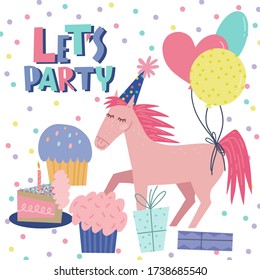 Kids birthday greeting and party invitation. Let’s party wishes  congratulation postcard template with cute horse character, cupcakes, balloons, confetti, gift boxes and cake with candle.