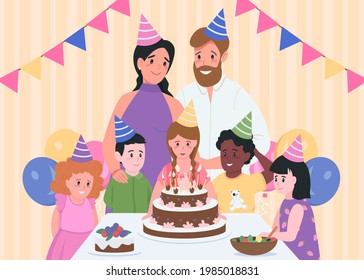 Kids birthday indoors flat color vector illustration. Parents in party hats. Girl ready to blow candles on cake. Family and friends 2D cartoon characters with home interior on background