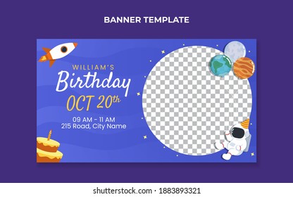 Kids Birthday Invitation Banner Template With Astronaut And Rocket Illustration