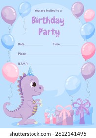 Kids birthday invitation for boy with dinosaur on blue background