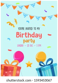 Kids birthday invitation card. Cute invitation template for a kids birthday party. with lettering on blue background, flat vector illustration and hand drawn