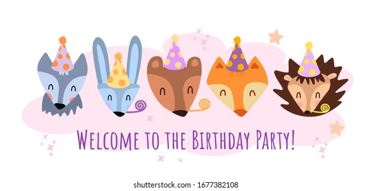 Kids birthday invitation card with cute cartoon animal. Banner for the holiday, invitation, card. Cute muzzle animals in flat style hand drawn scandinavian. Printing on children products for the