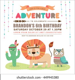 Kids birthday invitation card with cute cartoon animal
