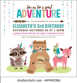 Kids birthday invitation card with cute cartoon animal